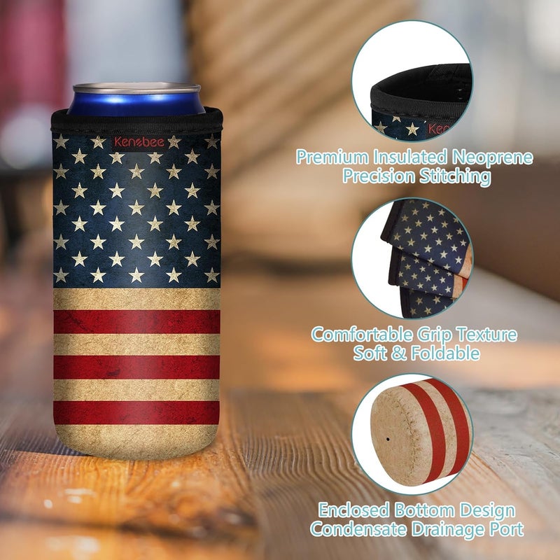 KENOBEE 3 Pack Can Cooler Sleeves for 12oz 16oz Can & 12oz Slim Can, Soft Insulated Reusable Non-Slip Neoprene Can Cooler Drink Caddies Holder Covers for Beer, Soda, Energy Drinks, US FLAG - Image 3